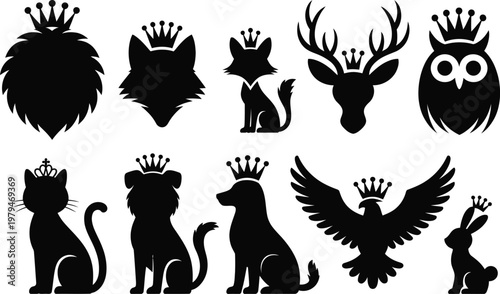 Animal silhouettes wearing royal crowns with silhouette aristocracy nobility headwear illustration collection heraldry authority wildlife