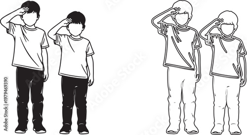 Four children saluting in a uniform manner with hands over their heads