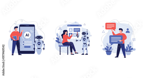 Three illustrations showing different interactions between humans and artificial intelligence robots for customer service and assistance.