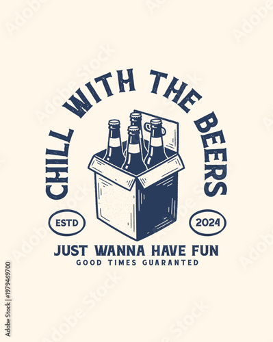 Vintage-style illustration of a six-pack beer carrier with text