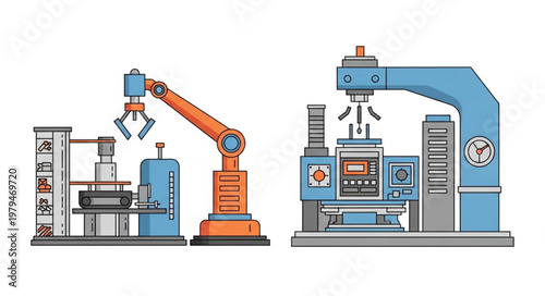 Industrial robot arm and manufacturing machine in a factory setting.