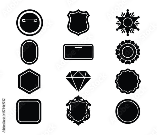 Black badge silhouette icons set, 12 vector shield and label templates, minimalist blank insignia and award medal frames for branding