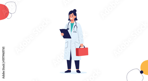 Friendly female doctor wearing a white lab coat and stethoscope while holding a clipboard and a red medical first aid kit bag.