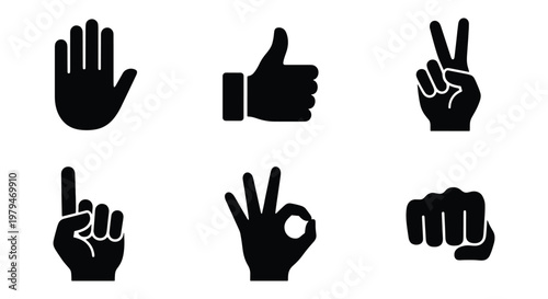 Black hand gesture icons set, 6 vector hand silhouettes with thumbs up and peace sign, human palm and fist symbols for communication and web design
