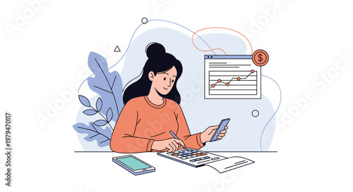Young woman using a calculator and smartphone while analyzing financial growth data charts at her office desk.