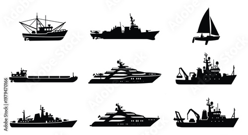 Nautical ship silhouettes set, 9 black vector icons of maritime vessels and boats, commercial cargo ships and luxury yacht collection for marine design