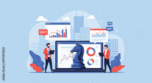 Professional business team analyzing strategic growth charts and data with a large chess knight representing smart tactics.