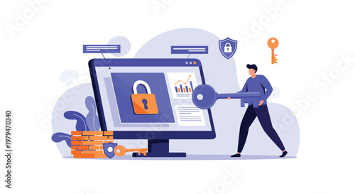 Digital security expert holding a giant key to unlock a protected computer system representing online safety and privacy.