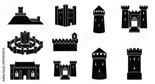 Medieval castle silhouette icons, 10 fortress and tower vector elements, black stone citadel and palace silhouettes for history maps