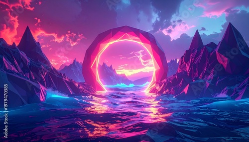 Futuristic Neon Portal Abstract Landscape With Low Poly Mountains