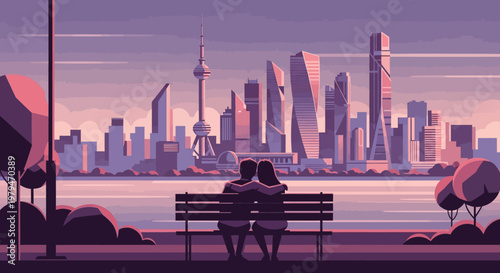 A couple sits on a park bench, embracing and watching the vibrant city skyline across the water at sunset, featuring modern skyscrapers and a prominent tower.