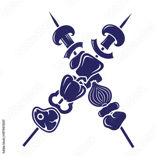 Dark blue kebab skewers with meat, mushrooms, and onion on white background