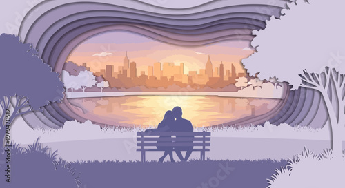 A romantic paper cut-out illustration of a couple on a bench watching the sunset over a city skyline across a lake.
