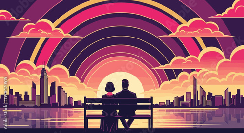 A couple watches a vibrant sunset over a city skyline from a park bench, featuring a stylized rainbow arch.