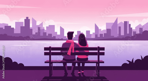 A couple sits on a park bench by a lake, watching the purple and pink city skyline at sunset, embracing a romantic moment.