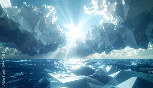 Abstract low poly ocean background with bright sunlight clouds