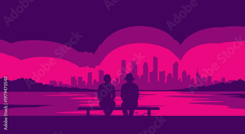 Two people sitting on a bench by a lake, watching the vibrant pink and purple cityscape at sunset.
