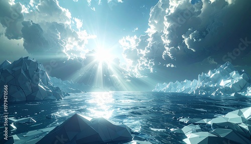Arctic landscape with icebergs and sun rays over ocean