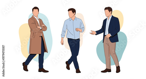 Stylish men wearing different professional and casual autumn outfits including a trench coat and business blazers.