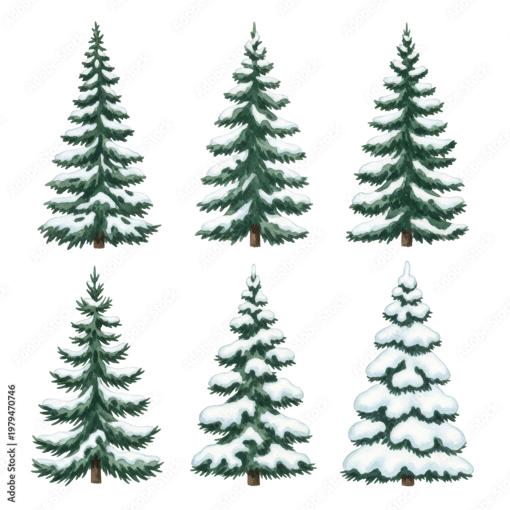 Obraz premium Six unique, hand-painted watercolor green spruce trees with varying snow and delicate brushstrokes, isolated on transparent, graphic design holiday asset concept