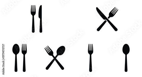 Cutlery silhouette icons set, black fork knife and spoon vector symbols, restaurant dining silverware collection for menu design and signage