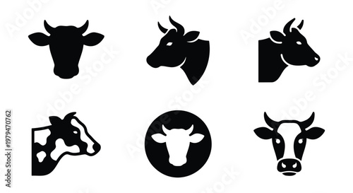 Minimalist cow head icons set, black silhouette cattle vector illustrations, 6 farm animal symbols for butchery and dairy branding