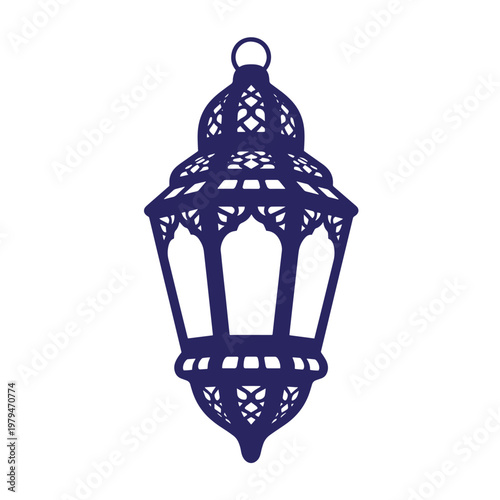 Dark blue lantern with intricate cut-out hanging ornament intricate hanging ornament metalwork