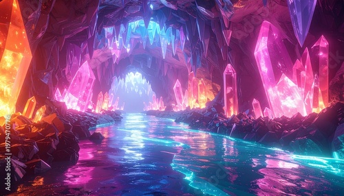 Crystal Cave Fantasy Landscape with Glowing Neon Underground River