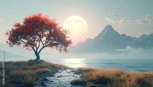 Serene Mountain Landscape with Red Tree and Full Moon