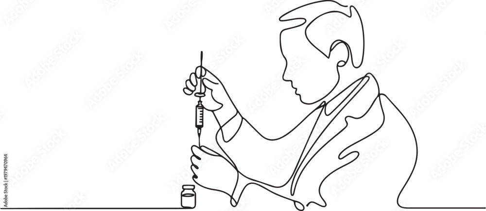 Fototapeta premium The doctor is preparing the injection equipment with anesthesia. One line draw graphic design vector