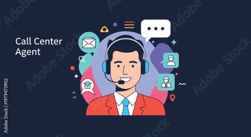 Smiling call center agent wearing a headset surrounded by various communication and customer support service icons.