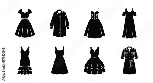 Black dress icon set, collection of 8 female clothing silhouettes, elegant cocktail and casual dress vector illustrations for fashion retail