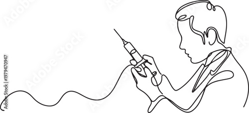 The doctor is preparing the injection equipment with anesthesia. One line draw graphic design vector