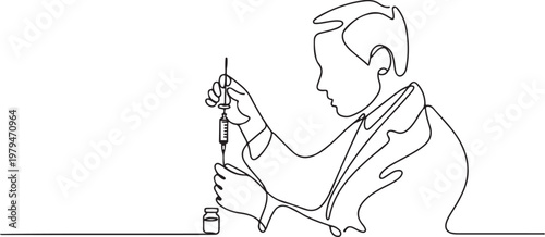 The doctor is preparing the injection equipment with anesthesia. One line draw graphic design vector