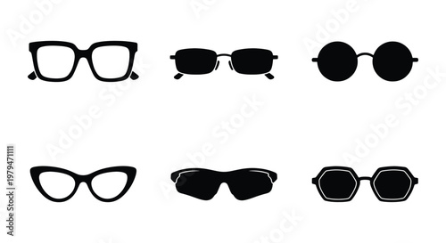 Modern eyewear icon set, black sunglasses and optical frames vector collection, stylish fashion glasses silhouettes for summer and vision care