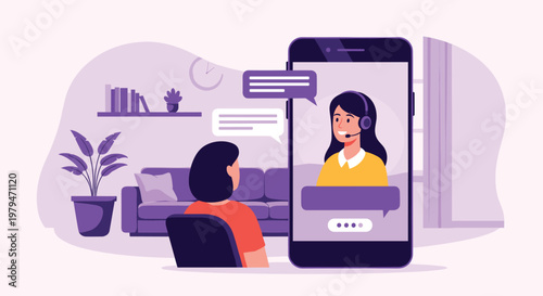 Young woman sitting on a chair and having a video consultation with a professional customer support agent via mobile app.