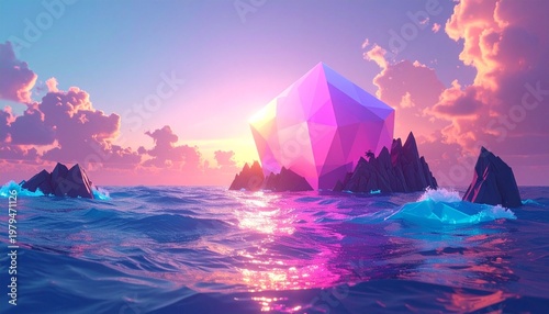 Vibrant low poly ocean landscape with glowing crystal sunset