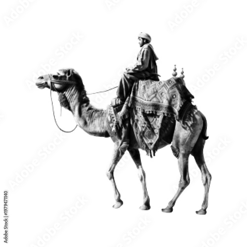 Man riding camel in halftone style isolated on light background. Desert travel illustration with dotted texture and monochrome vintage design.