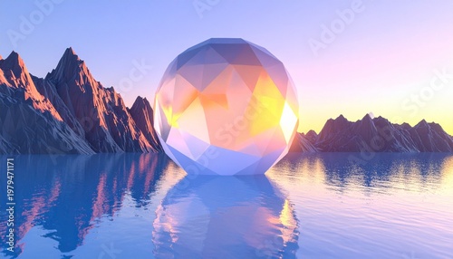 Abstract low poly geometric sphere floating on water landscape