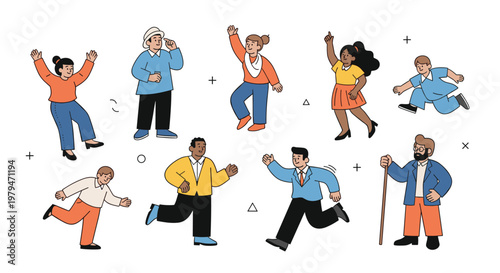 Diverse group of people in various active poses like jumping, running, and dancing representing energy and happiness.