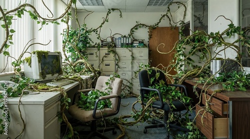 Overgrown Abandoned Office Room with Vines Reclaiming Corporate Workspace