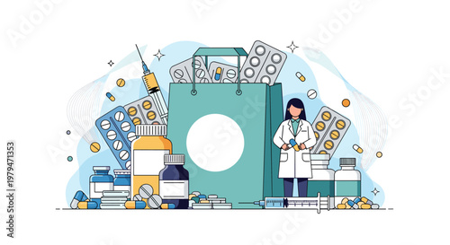 Female pharmacist standing in front of a giant shopping bag filled with various blister packs and bottles of medicine.