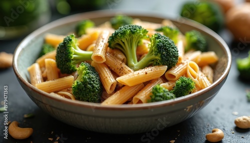 Whole wheat penne pasta with broccoli florets and cashews in a bowl. Healthy vegetarian meal seasoned with pepper, perfect for lunch or dinner.