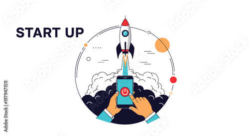 Human hands pressing a power button on a smartphone screen to launch a space rocket into the sky, representing a business startup launch.