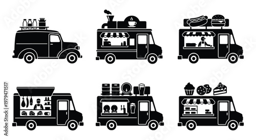 Food truck silhouettes set, black street food van icons, mobile kitchen and catering vehicle collection, 6 vector delivery transport elements