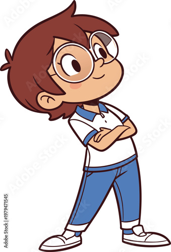 Smart Little Boy Character Wearing Glasses and Standing with Crossed Arms Vector Illustration