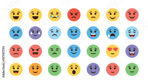 Collection of colorful emoji icons featuring a wide range of human emotions from happy and sad to angry and surprised in a grid layout.