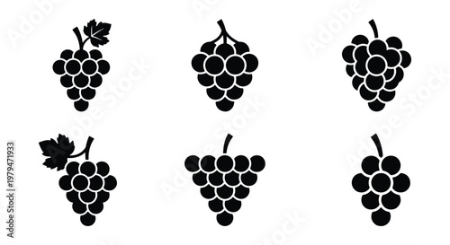 Minimalist grape bunch icons set, black silhouette fruit vector collection, 6 grape cluster symbols for wine branding and organic food labels
