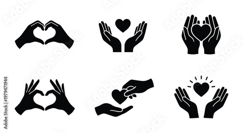 Charity and love icon set, 6 black vector hands holding heart symbols, donation and volunteer support graphics, kindness and compassion silhouettes