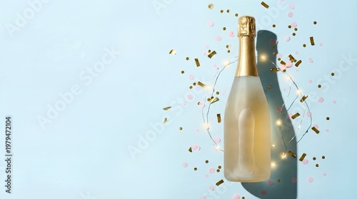 Flat Lay of Champagne Bottle with Gold Confetti on Light Blue Background